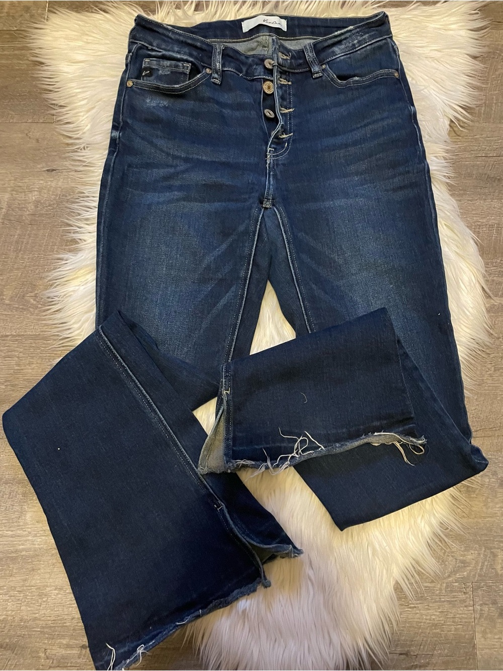 KanCan Dark Blue Button-Fly Flare Jeans with Frayed Hem